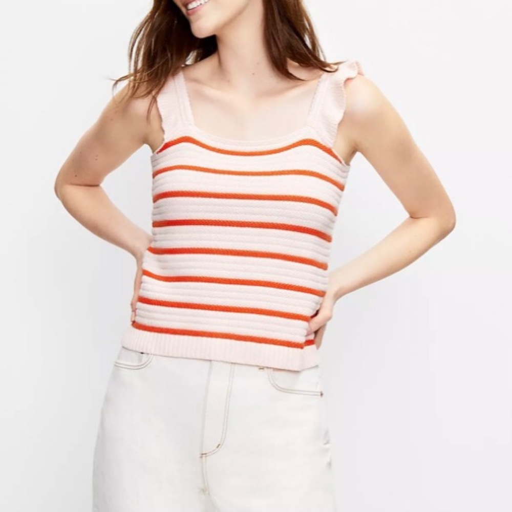 Loft Striped Ruffle Strap Sweater Tank in Pink